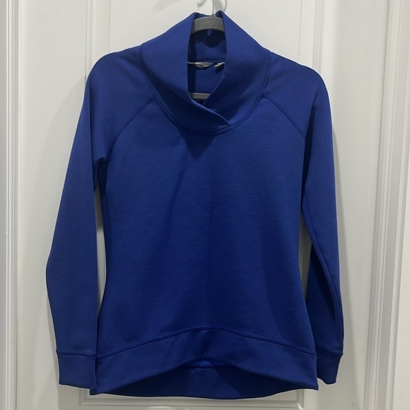 Athleta Shawl Collar Blue Stretch Sweatshirt Wool Blend High-Low Sz XS - Picture 3 of 6